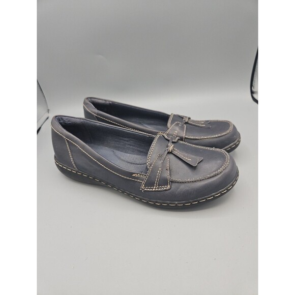 Clarks Tassel Loafers Womens 9.5 M Navy Blue Leather Slip On Comfort Shoes - Picture 1 of 11